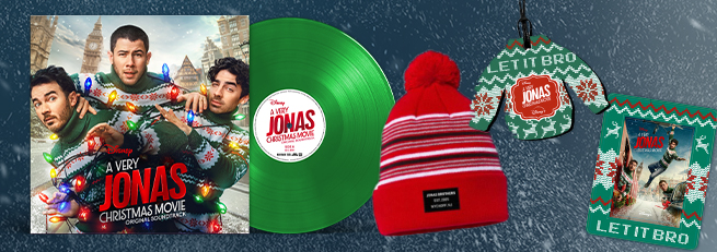 A Very Jonas Christmas Movie vinyl, beanie, ornament and magnet frame