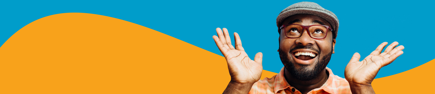 Subpage Header with a happy male pointing arms to sky