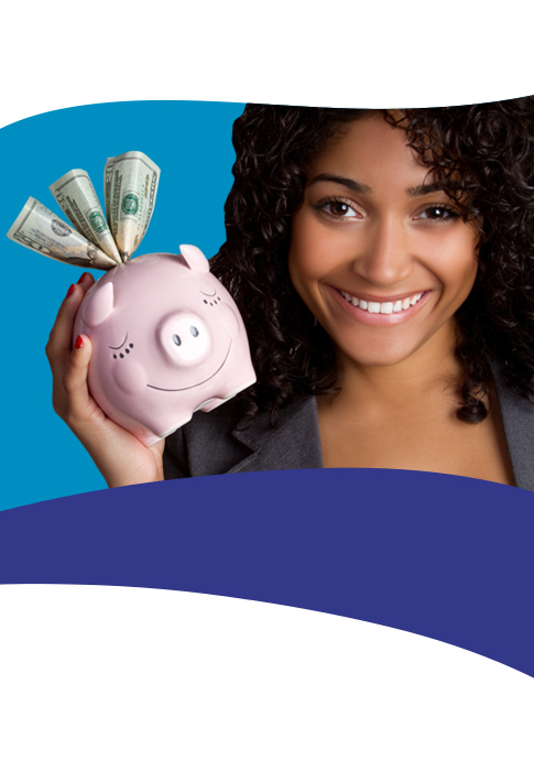 Smiling woman holding a piggy bank with money