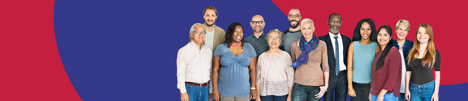 large group of diverse people smiling on camera