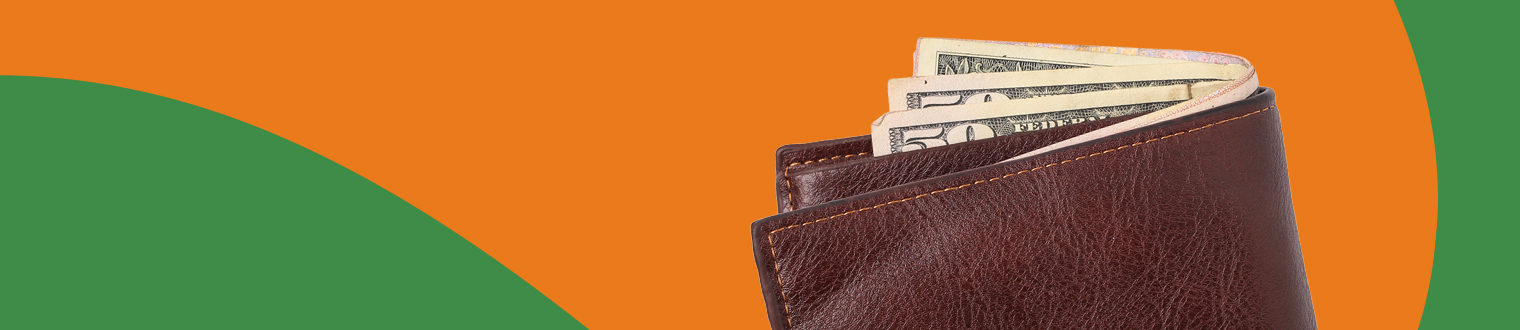 Brown wallet with cash banner