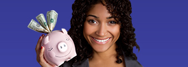 Woman holding a piggy bank